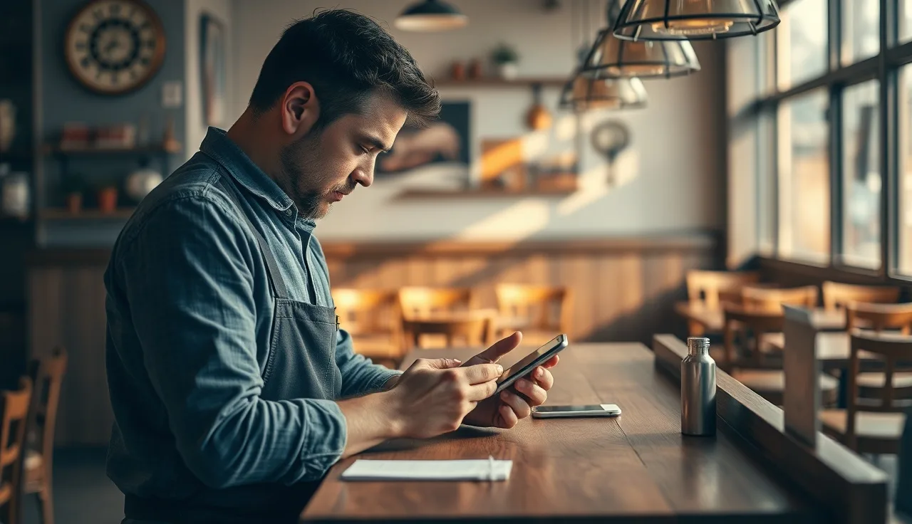 Restaurant owner checking phone for marketing text message notifications at counter