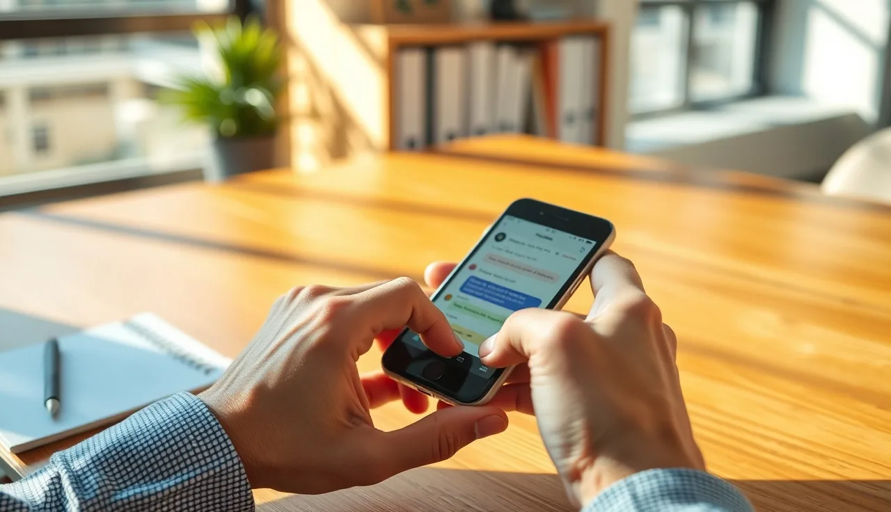 Hands holding a smartphone at a desk showing an outbound mobile messaging conversation