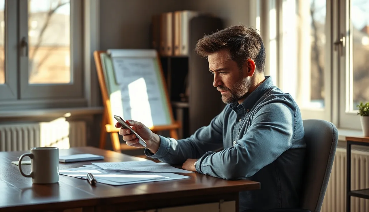 Person reviewing a smartphone at a desk with legal documents, SMS compliance topic