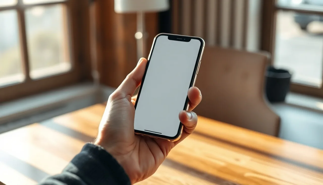 Hand holding a smartphone on a wood table, representing SMS opt-in marketing consent