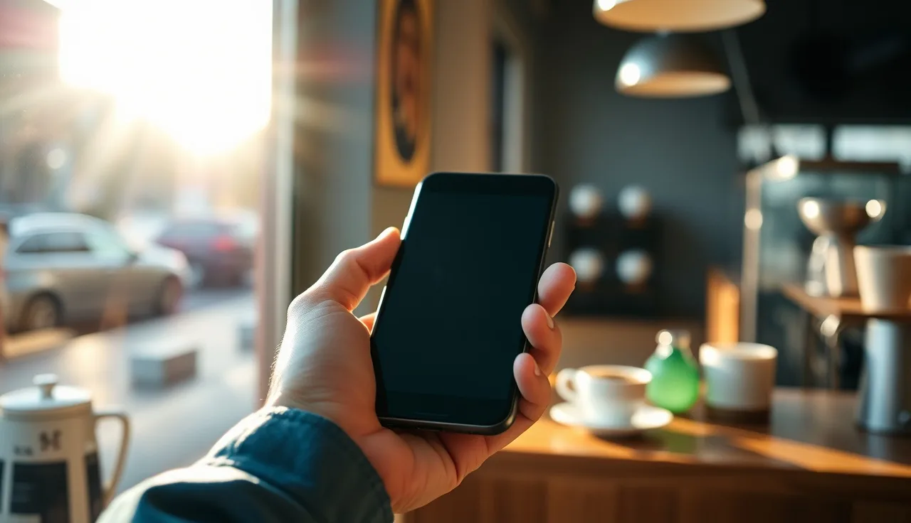 A hand holds a phone near a sunlit window in a coffee shop, representing SMS opt-in policy