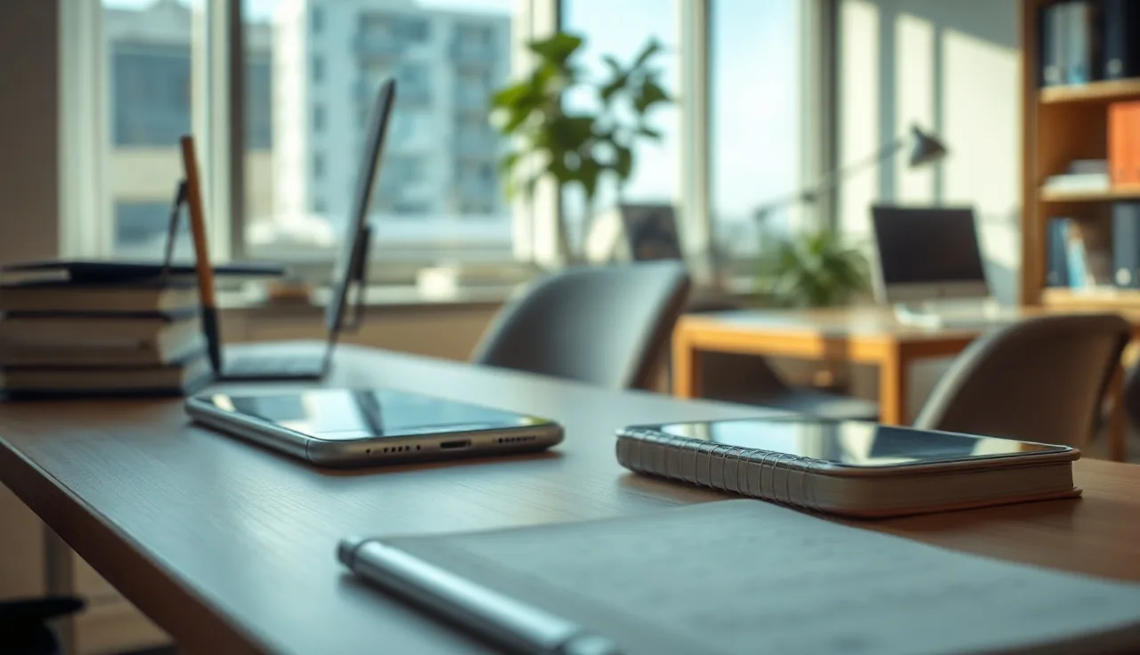 Smartphone with SMS thread on desk beside notebook in office afternoon light