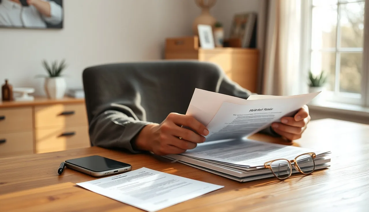 Person reviewing SMS compliance documents at a wooden desk with a smartphone nearby