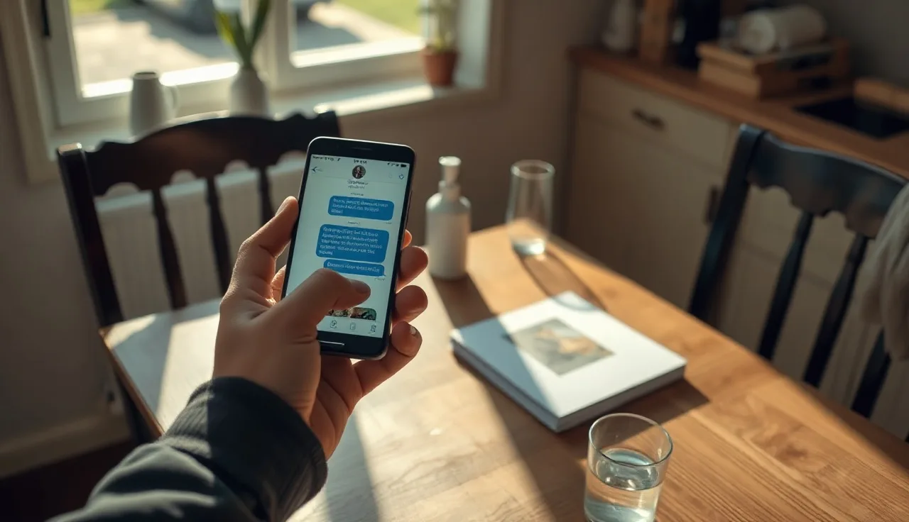 Person at kitchen table holding smartphone with SMS opt-in confirmation message visible