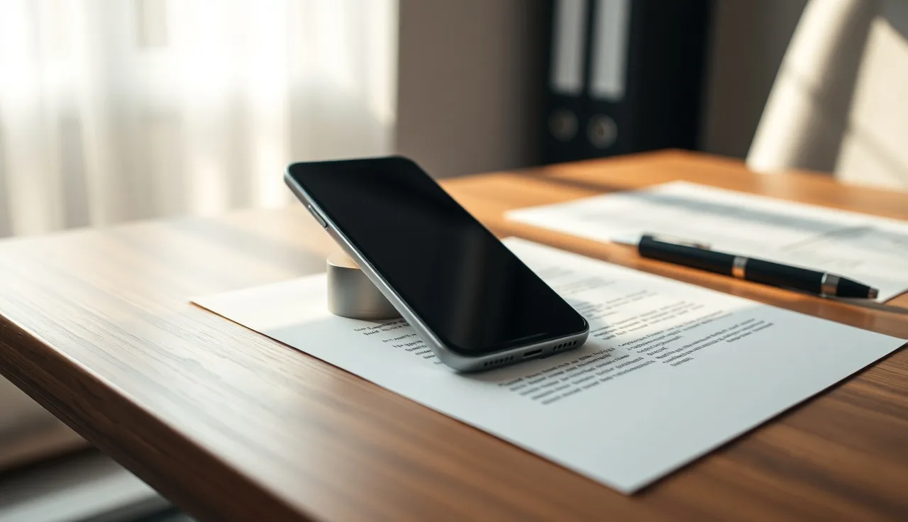 Smartphone and legal paperwork on a desk representing SMS marketing compliance requirements