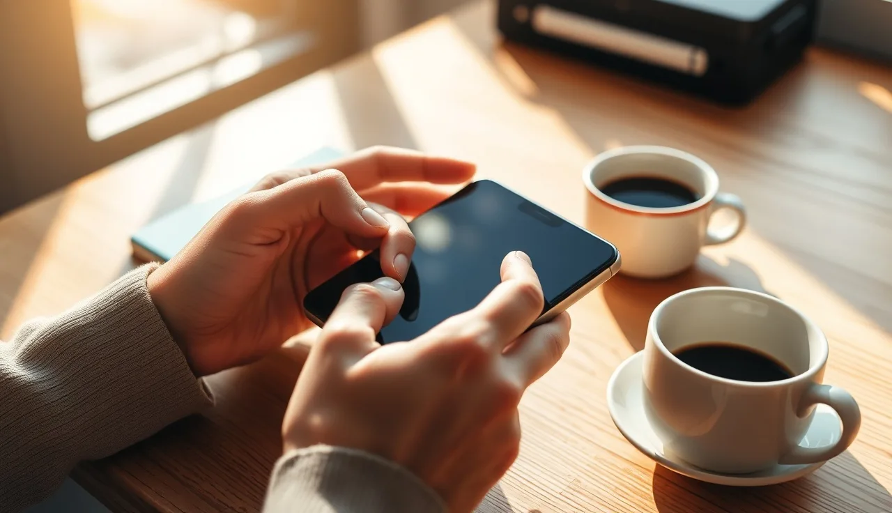 Hands holding smartphone on wooden desk with soft afternoon light for SMS marketing compliance