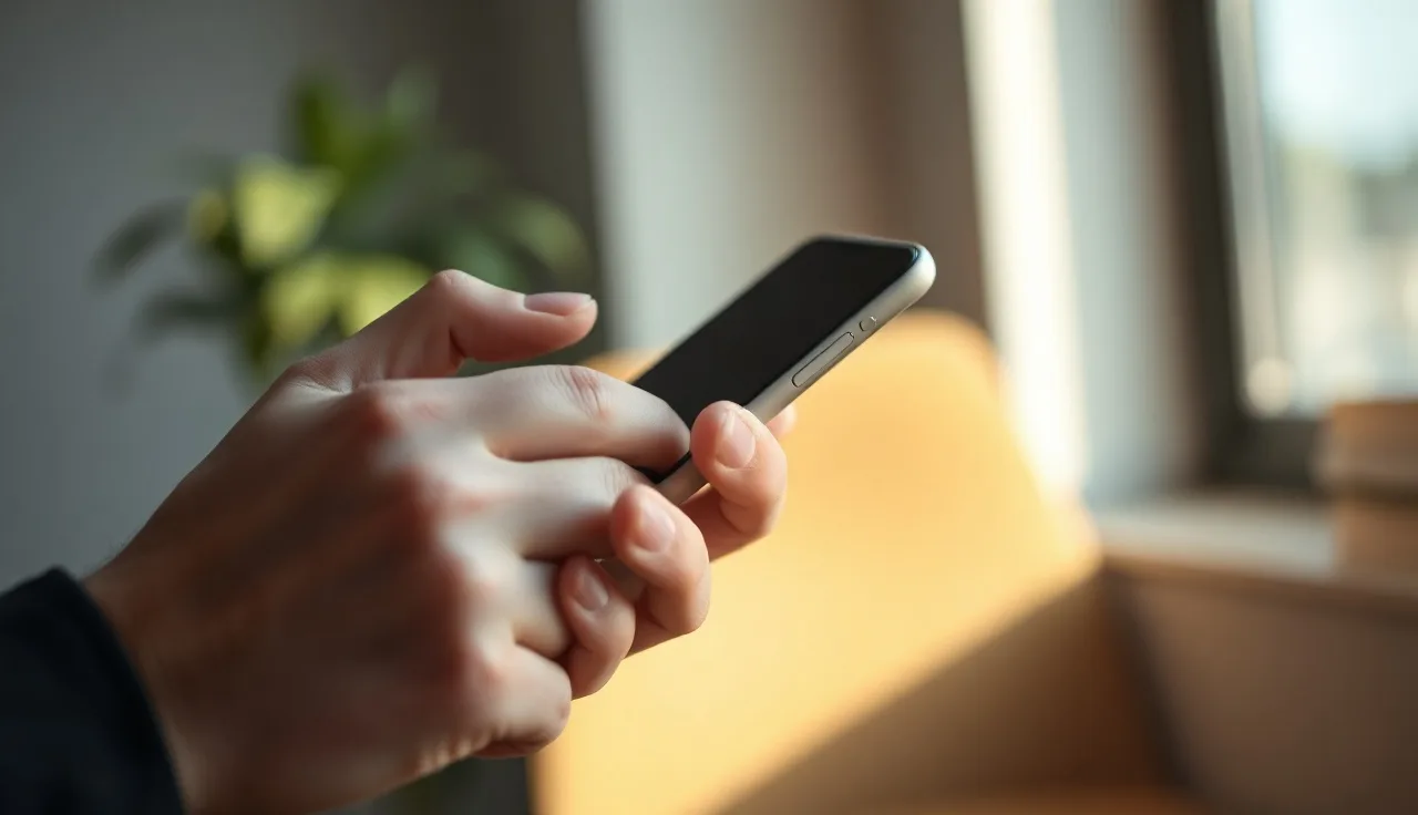 Person holding smartphone in office light, SMS marketing compliance concept