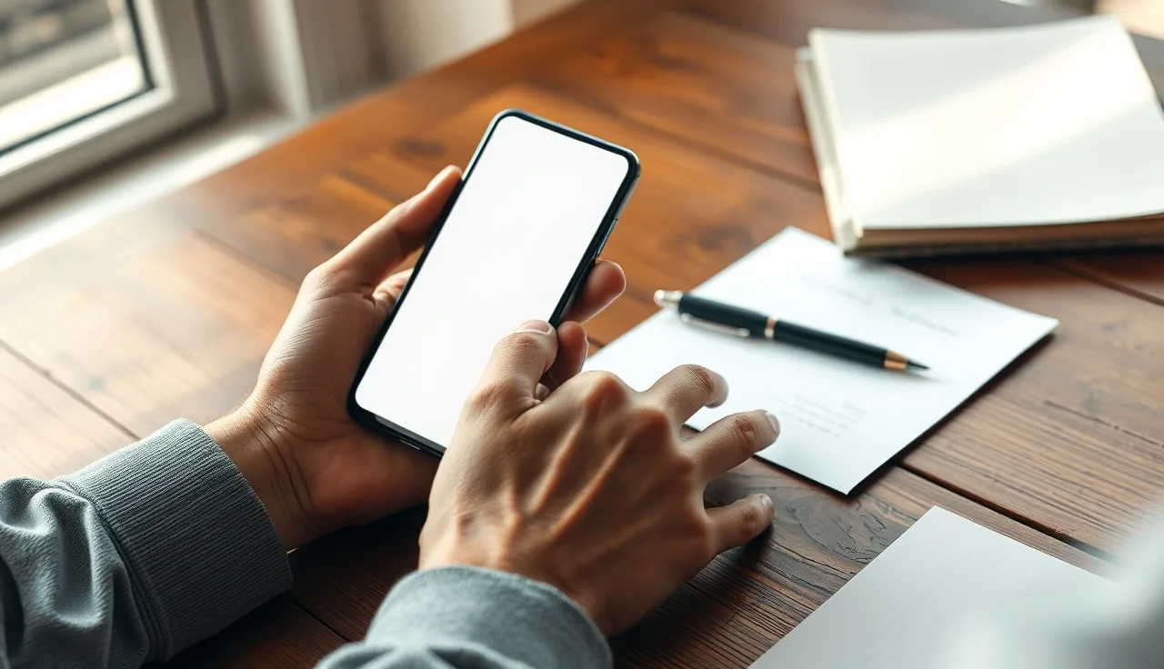 Hands holding a smartphone near a pen and paper on a wooden desk, representing SMS opt-in consent documentation