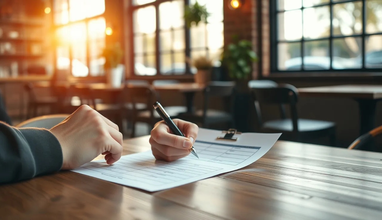 Person completing an opt-in form on a table in a coffee shop