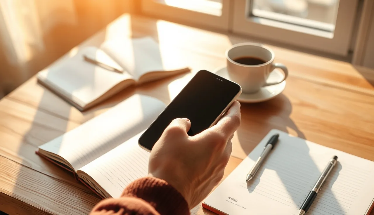 Hand holding smartphone on a sunlit desk, representing SMS opt-in compliance