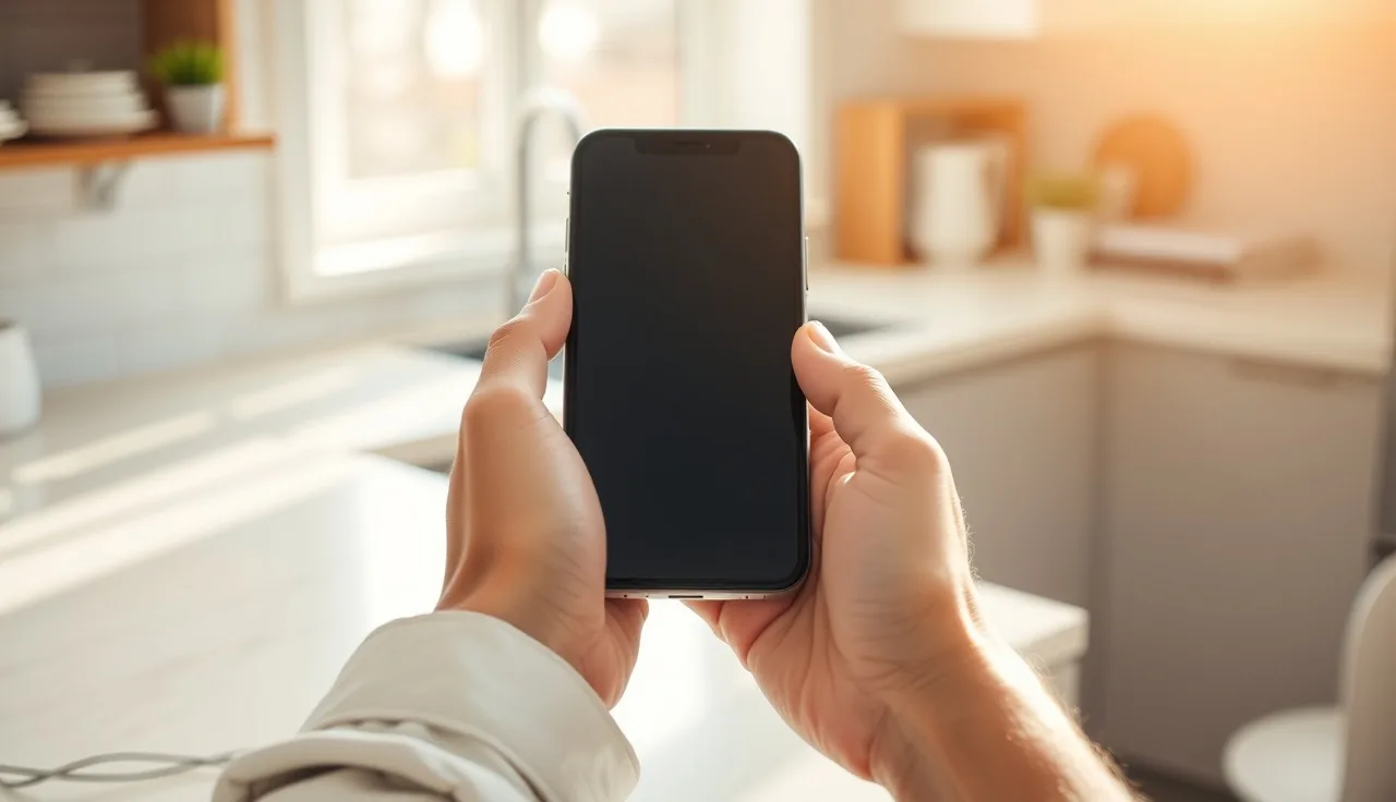 Person holding a smartphone at a kitchen counter considering an SMS opt-in decision
