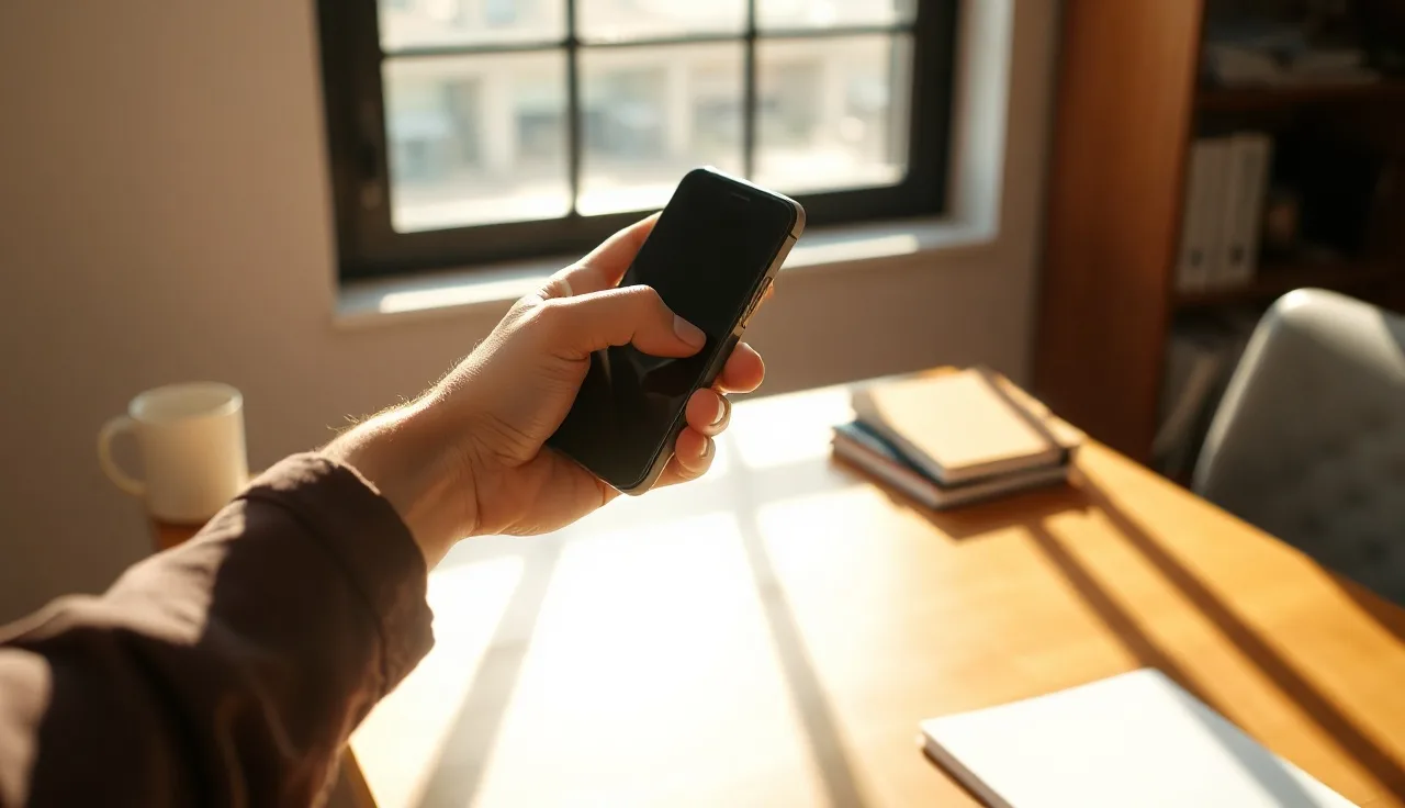 Person holding a smartphone at a sunlit desk, representing SMS opt-in compliance