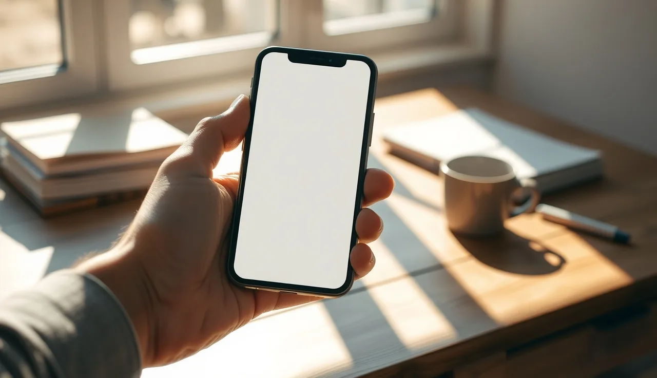 Hand holding a smartphone on a sunlit desk, soft morning light, SMS opt-in concept