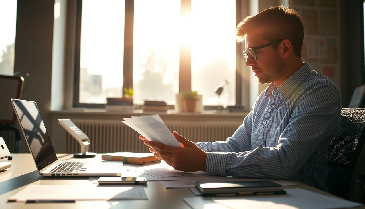 Person reviewing compliance documents at a sunlit desk with a smartphone nearby
