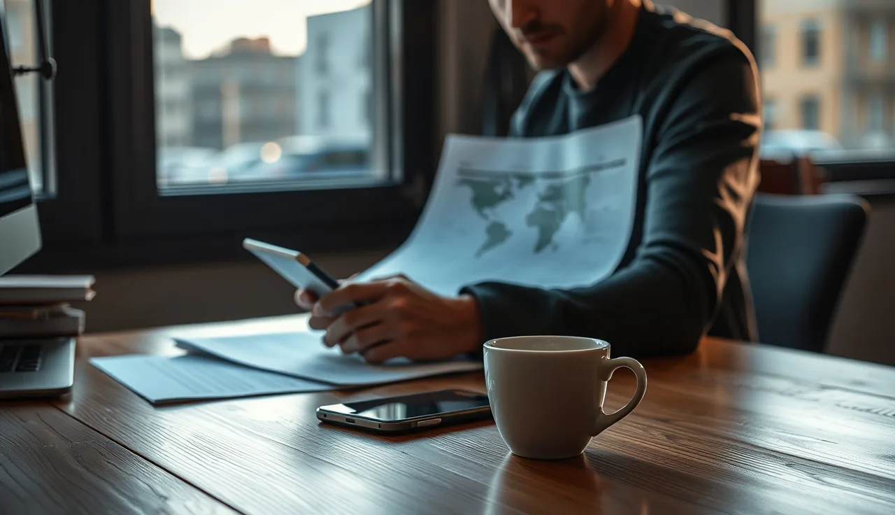 Person reviewing SMS marketing compliance documents at a desk with smartphone nearby