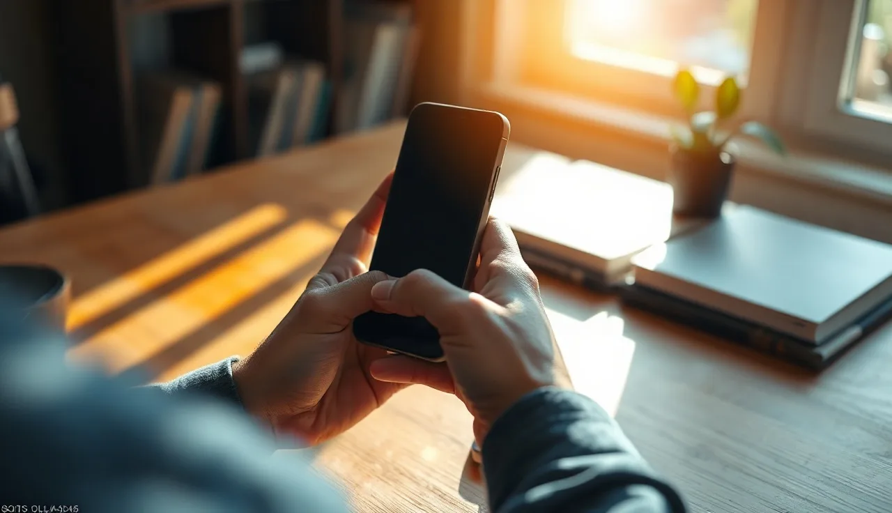 Person holding smartphone in sunlit office, SMS marketing compliance concept