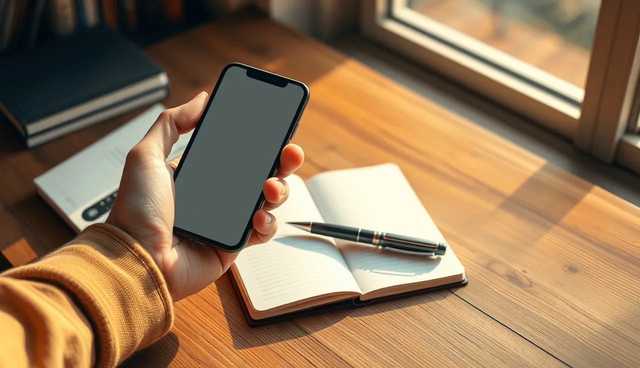 Hand resting on a smartphone beside an open notebook on a desk, representing SMS marketing compliance planning