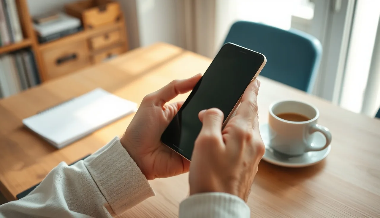 Hands holding a smartphone at a wooden desk used for text message marketing
