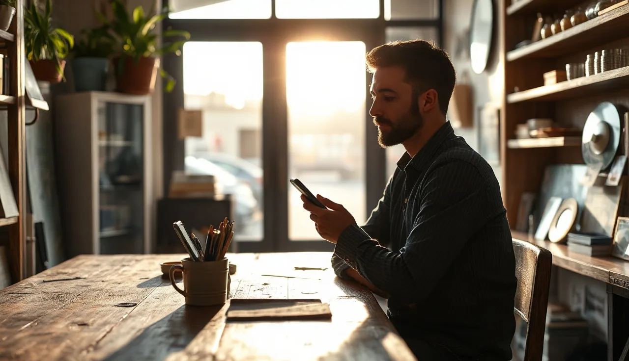 Small business owner reviewing marketing text message on smartphone in sunlit shop