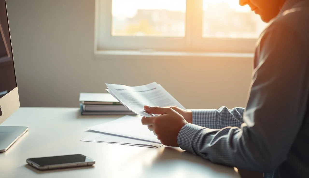 Person reviewing compliance documents at a desk with a smartphone nearby