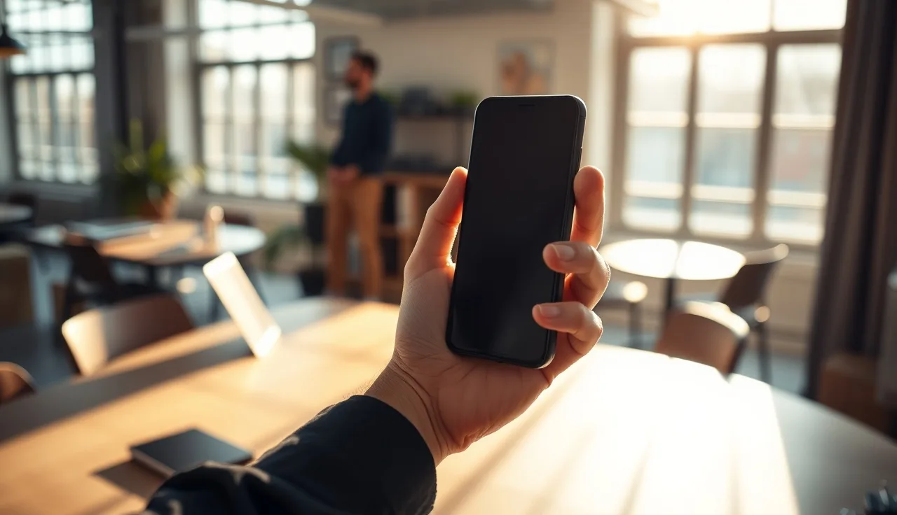Person holding smartphone in warm office light, representing SMS opt-in compliance