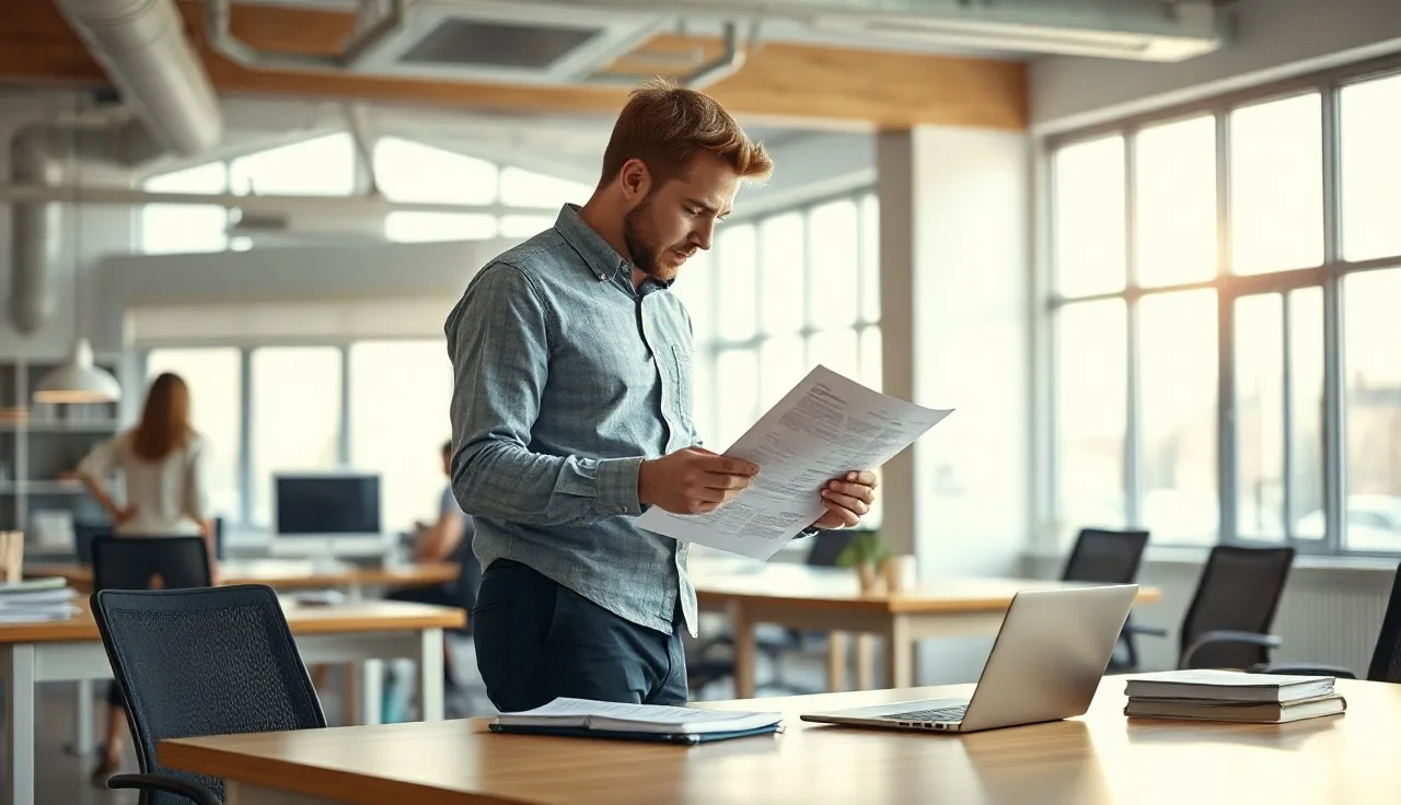 Compliance professional reviewing documents at a standing desk, morning office light