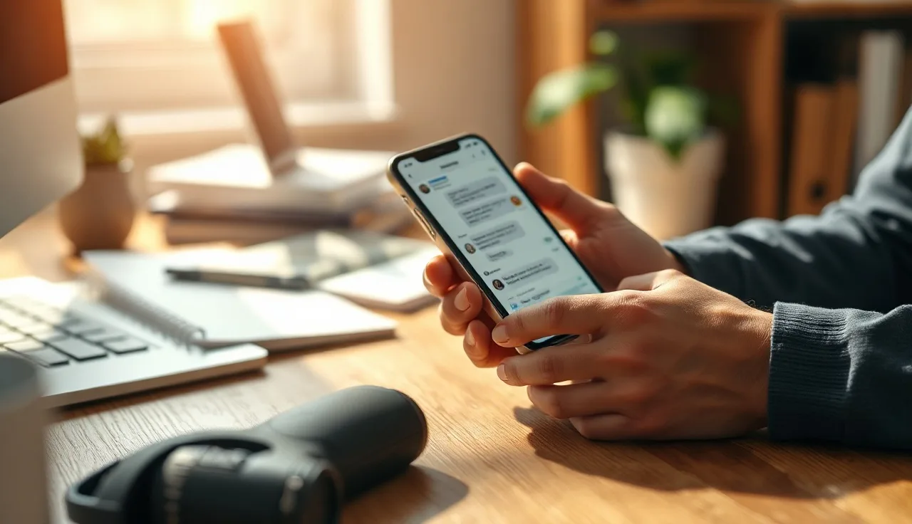 Hands holding smartphone showing two-way SMS conversation on wooden desk