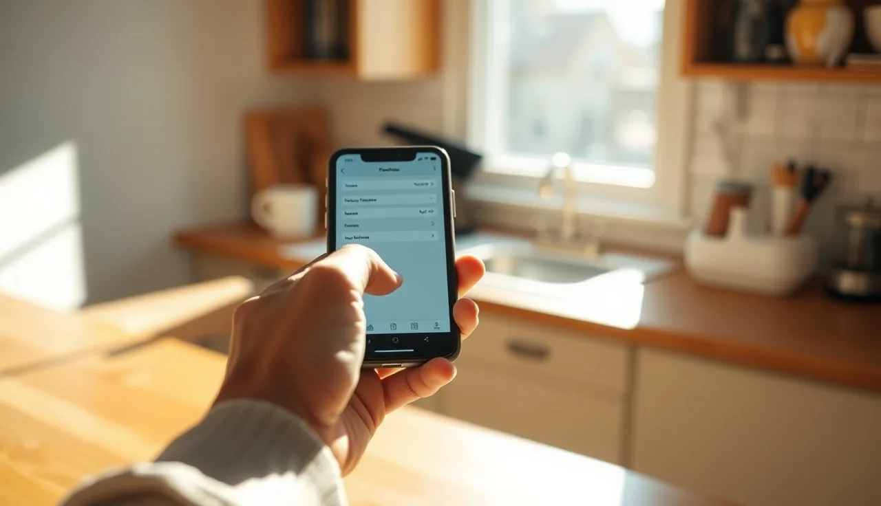 Person holding a phone above a wooden counter, about to submit an SMS opt-in form