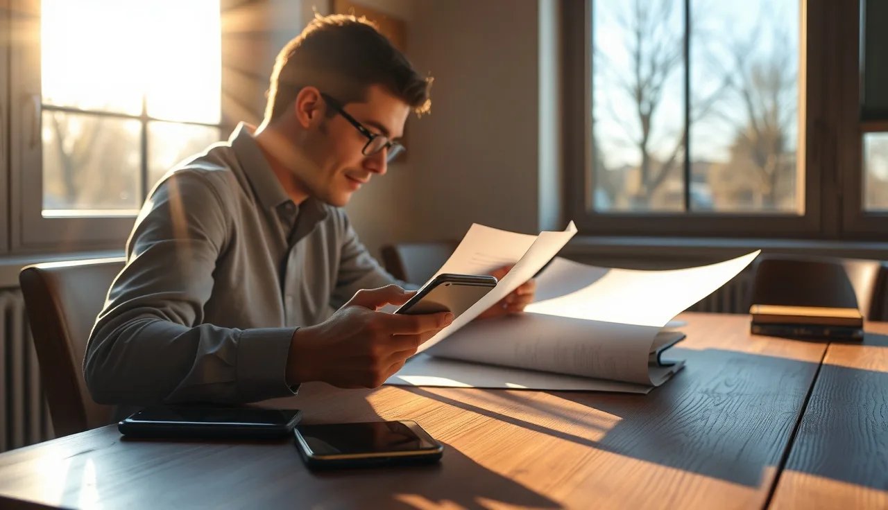 Person reviewing compliance papers at a desk with a smartphone nearby