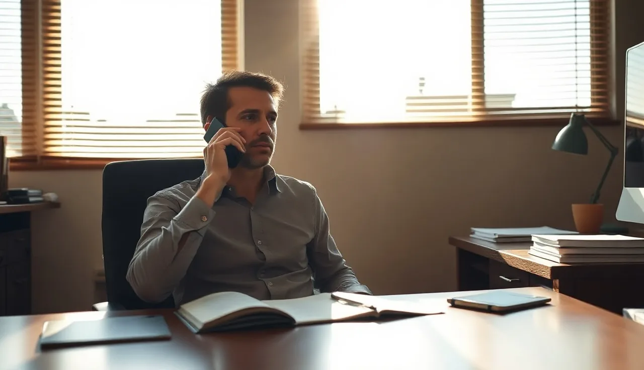 Person on a phone call in a sunlit Southwest office with afternoon shadows