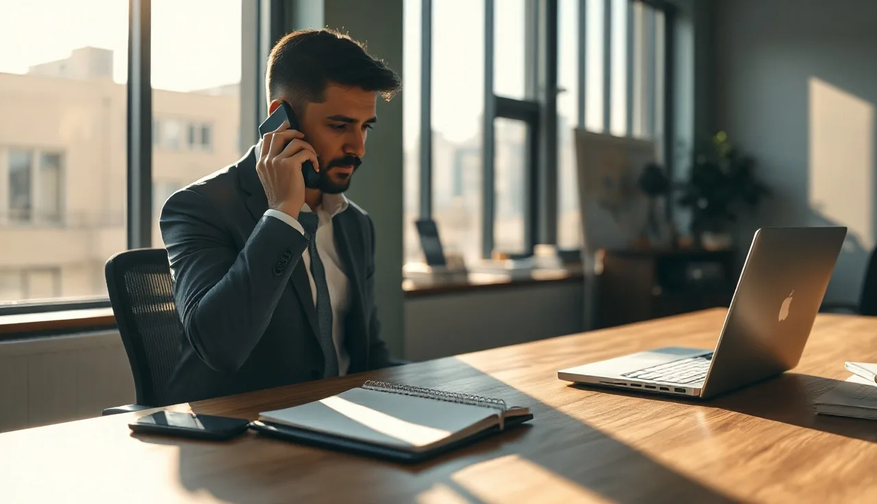 Business professional recording a call at a desk with afternoon light