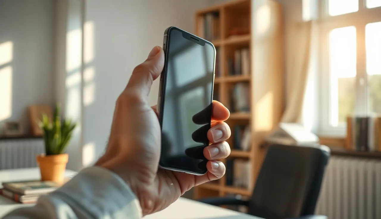 Person holding smartphone during a recorded phone call in a home office