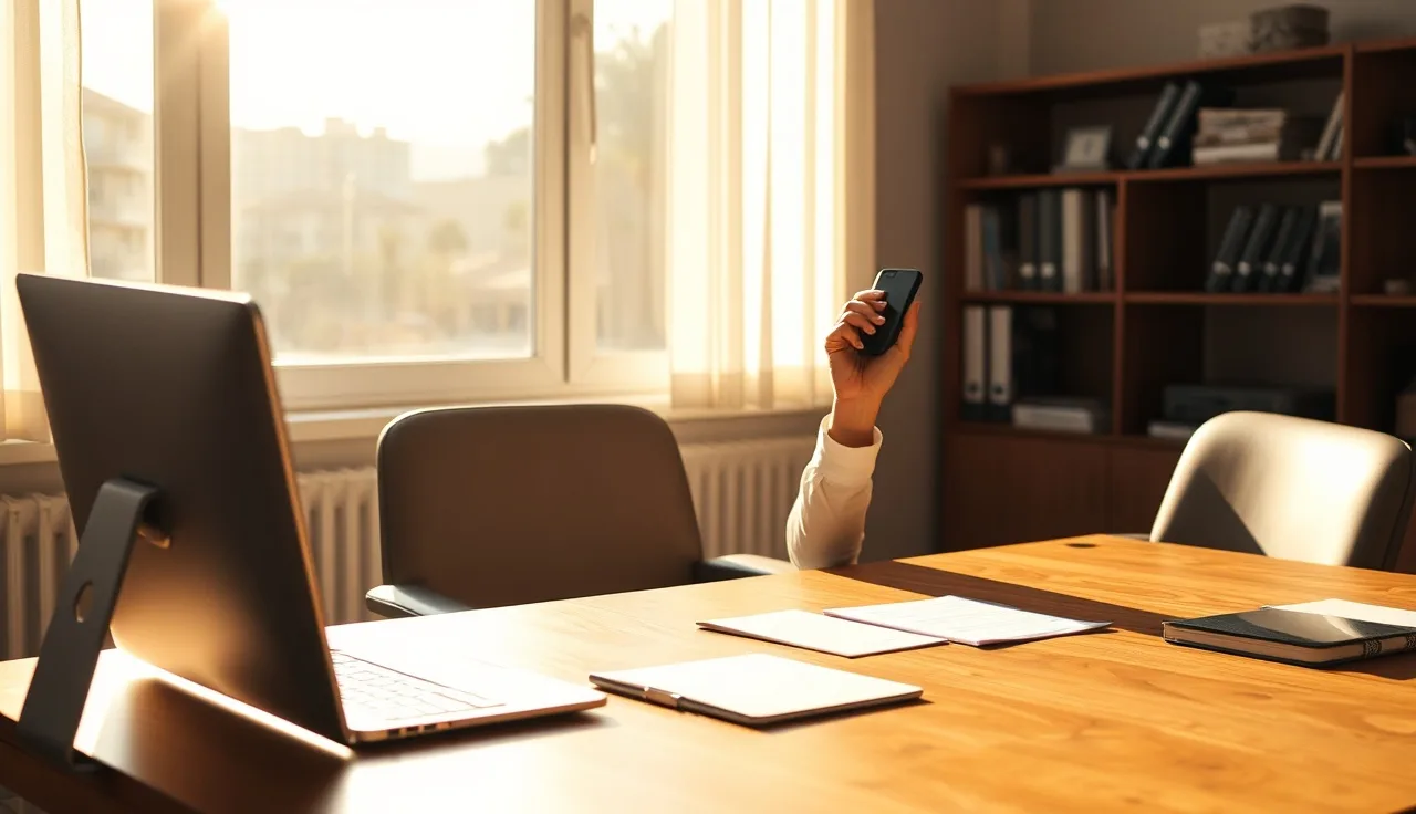 Person on a phone call at a desk, California office setting, compliance topic
