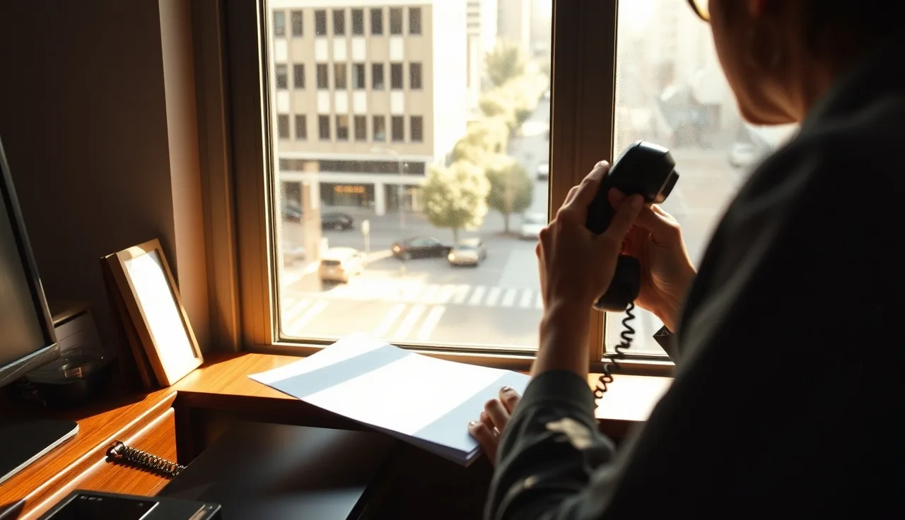 Person on a telephone call reviewing compliance notes with California city view