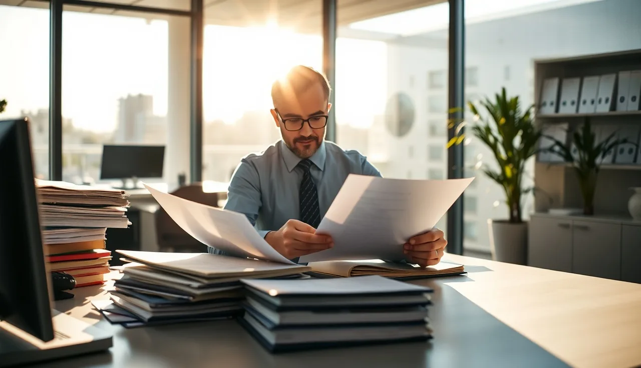 Compliance manager reviewing outbound call compliance documents at a sunlit California office desk
