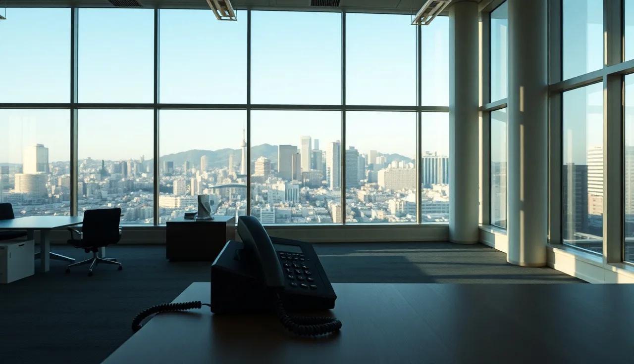 Empty office desk with telephone handset, California city skyline in background