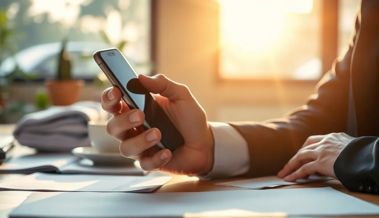 Person holding a smartphone to their ear while seated at an office desk
