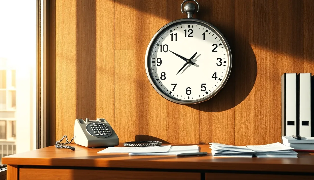 Analog wall clock above a desk phone showing restricted calling hours compliance