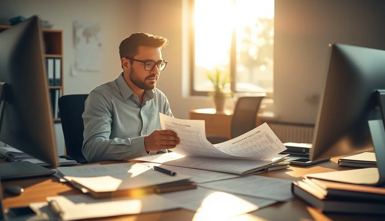 Sales manager reviewing outbound call compliance documents at a California office desk
