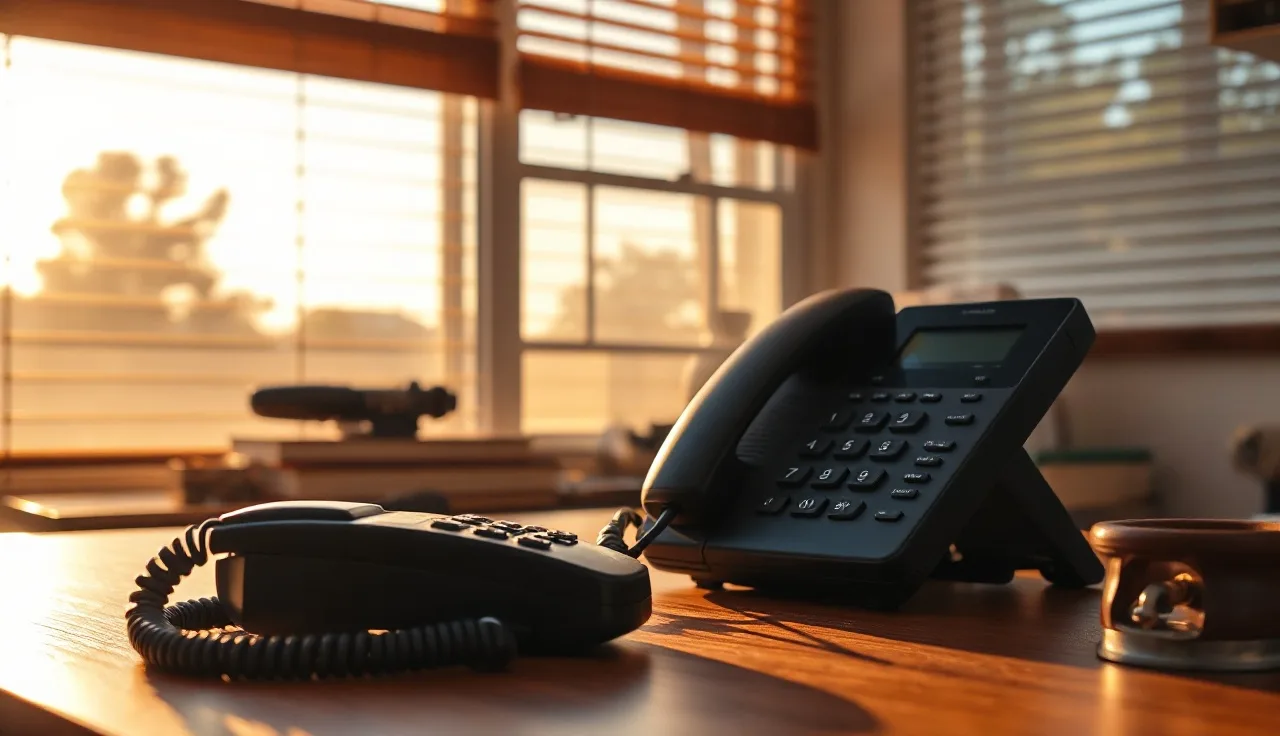 Landline telephone on a wooden desk in a sunlit California home office