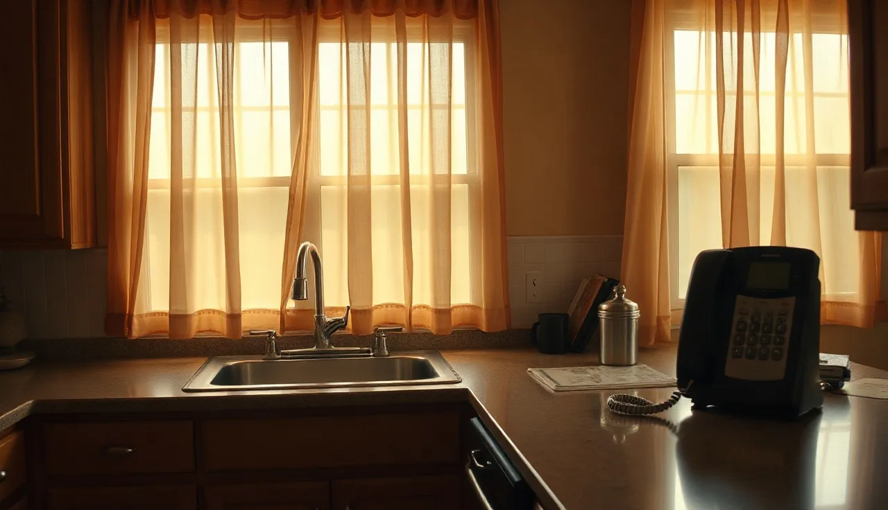 Quiet residential kitchen with a landline telephone on the counter in North Carolina