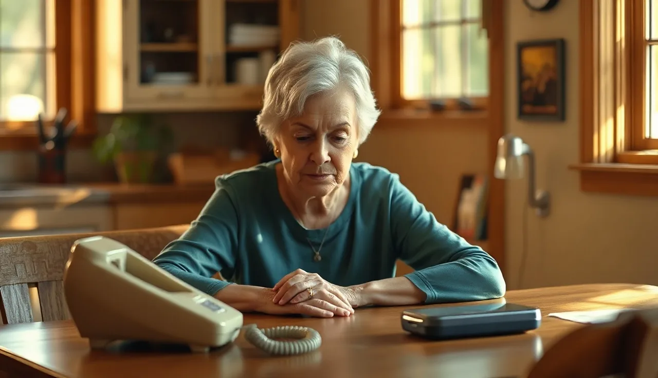 Woman at kitchen table with landline phone, illustrating do not call list protection in Illinois