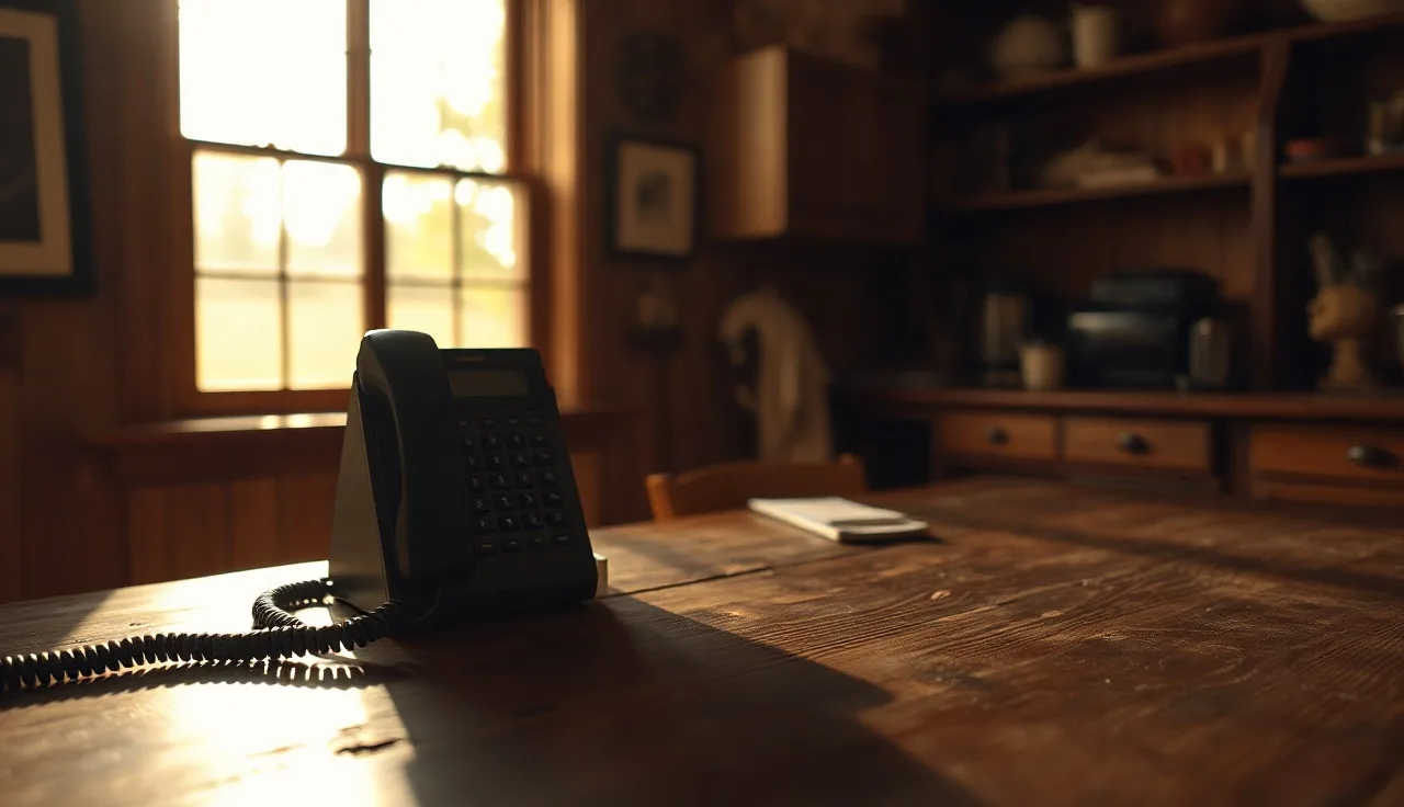 Landline telephone on a wooden table with warm afternoon light in a Kentucky kitchen