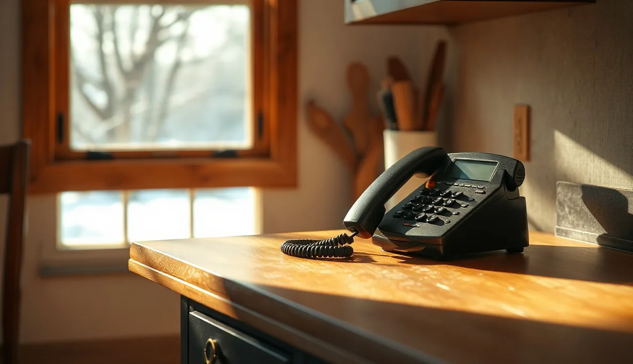 Landline telephone on a kitchen counter with frost visible through a Michigan window