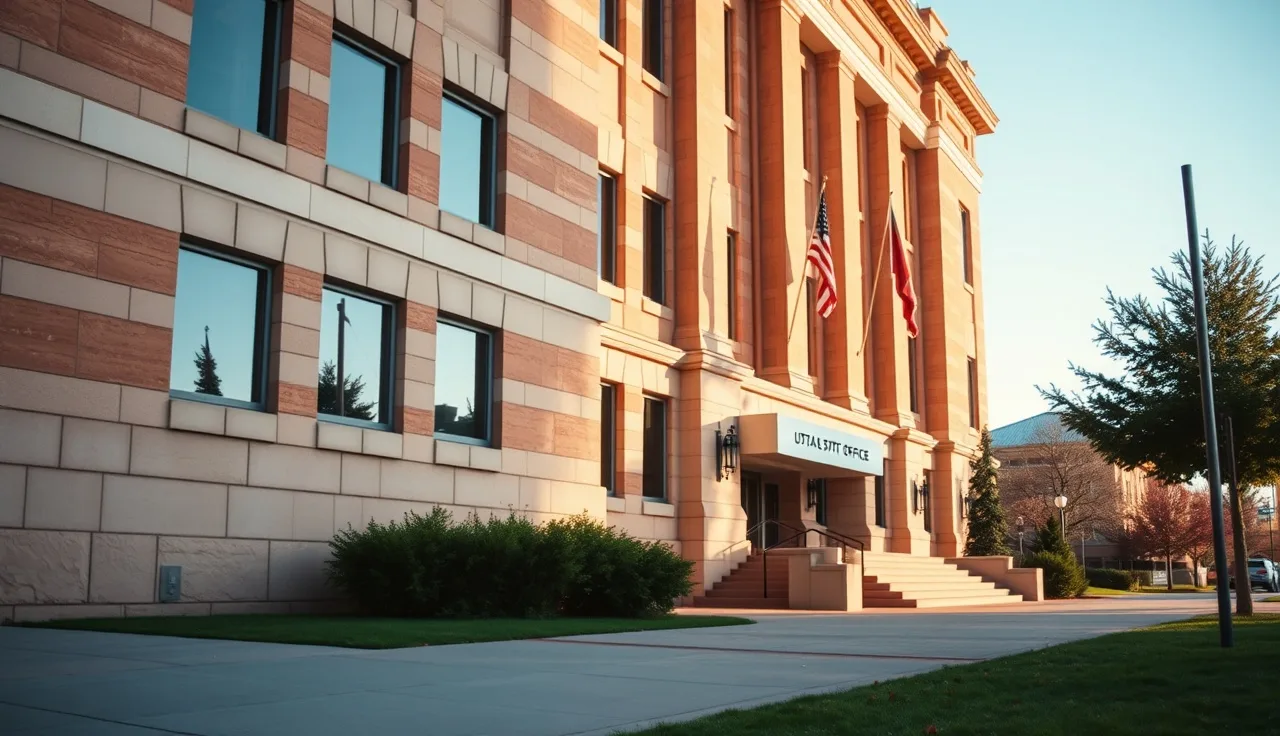 Utah state government building exterior on a sunny afternoon, empty sidewalk