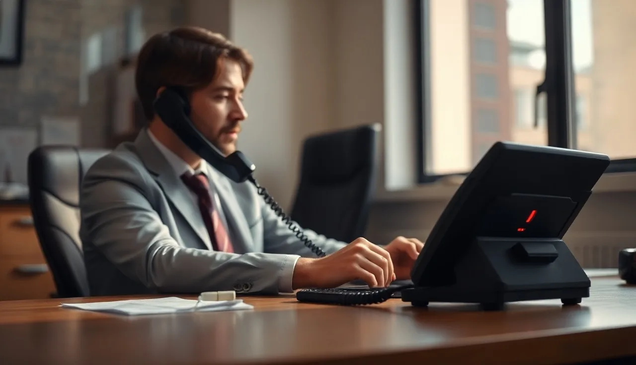 Person on a telephone at a desk with a recording indicator light on
