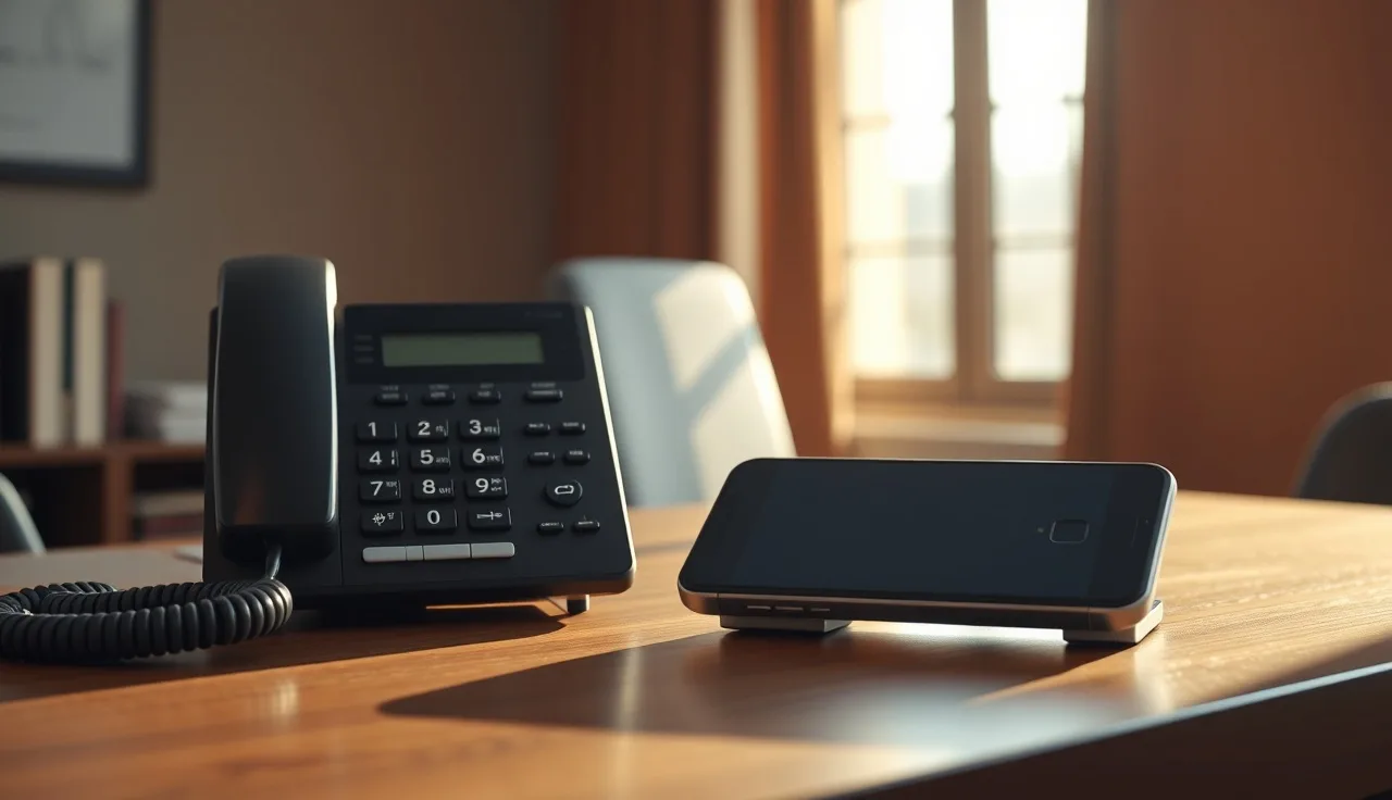 Desk phone and smartphone on a wooden office desk under afternoon light