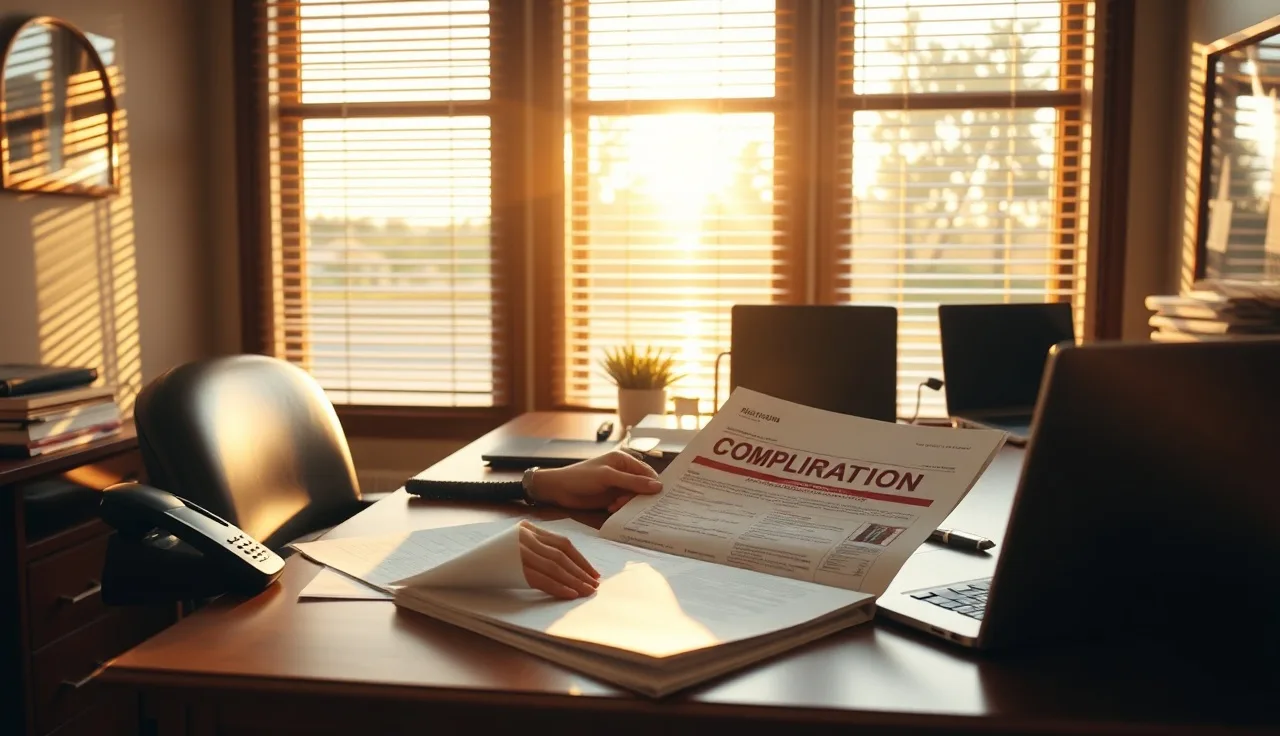 Person reviewing telephone compliance documents at a desk in a Florida office