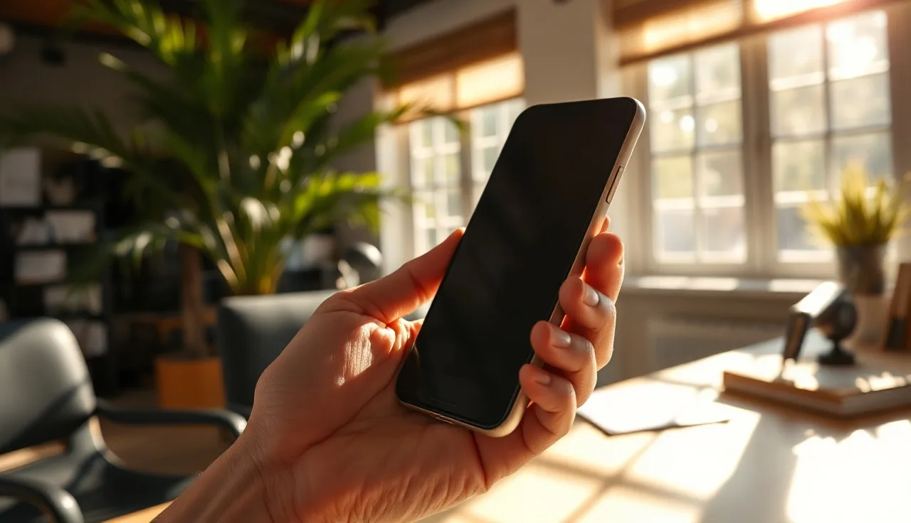 Hand holding smartphone in a sunlit Florida office with palm shadows