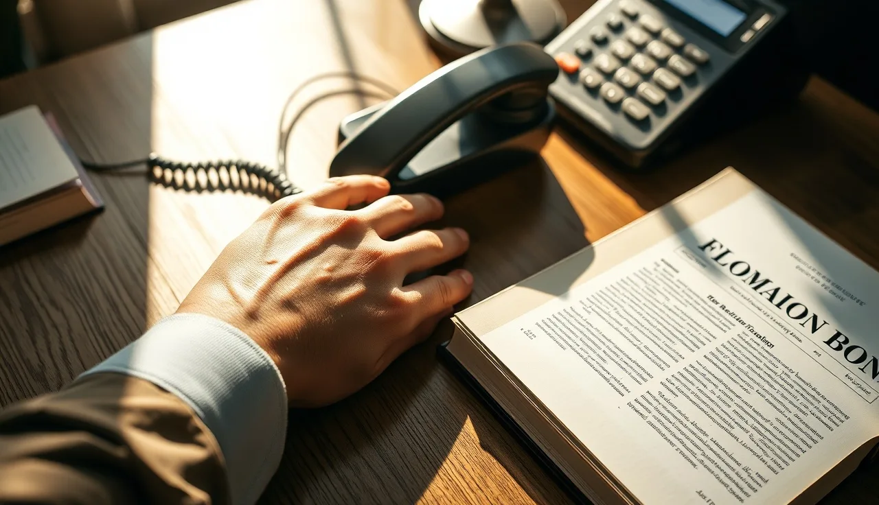 Person's hands on desk beside phone handset in Florida office afternoon light